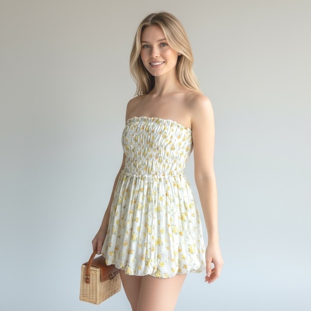 Jessica Simpson Tube Mini Dress Smockedâ Floral Bubble Hem White Yellow L